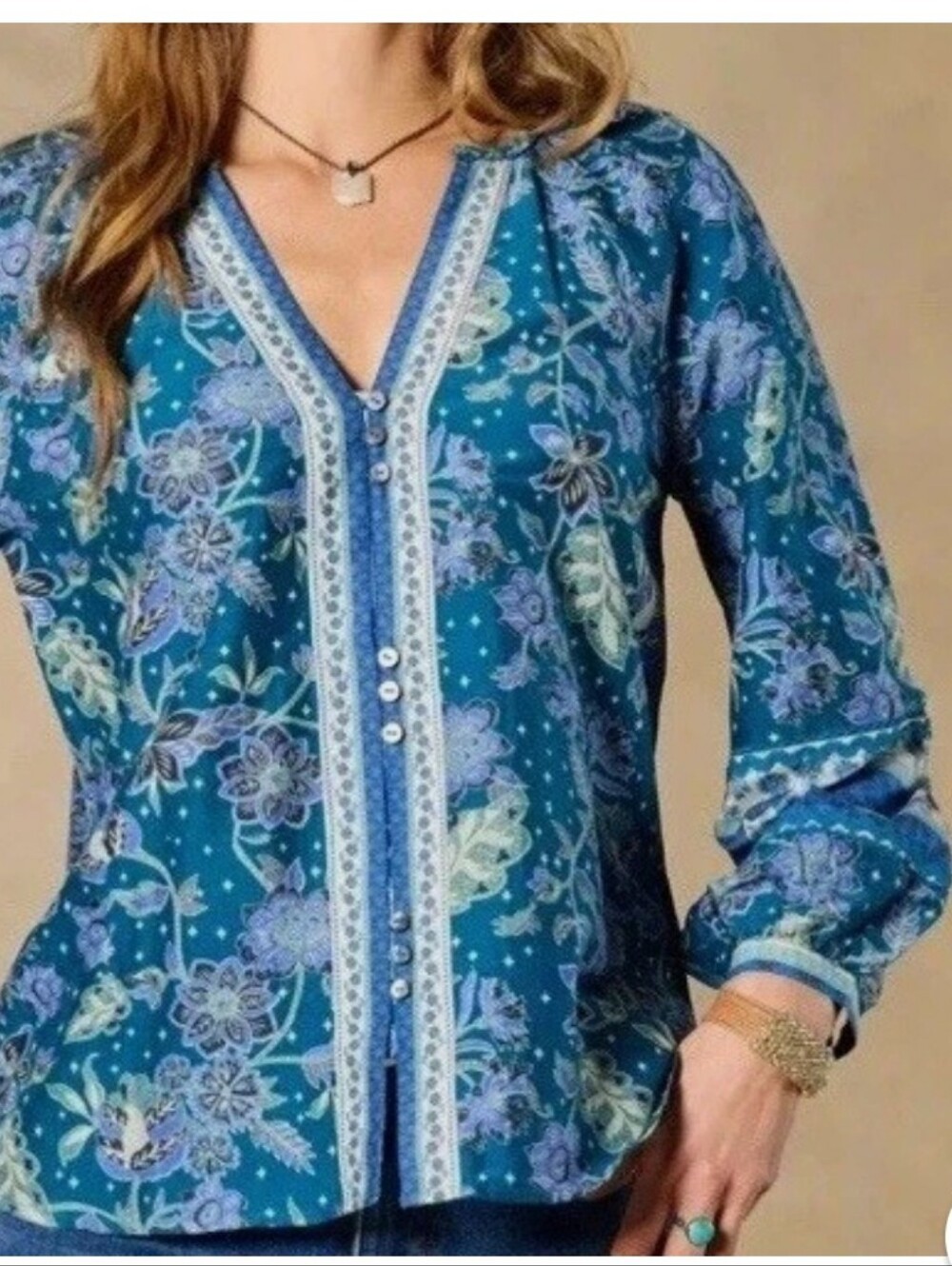 SUNDANCE Teal Floral Peasant Blouse - Picture 3 of 10